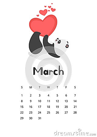 March calendar with panda template Vector Illustration