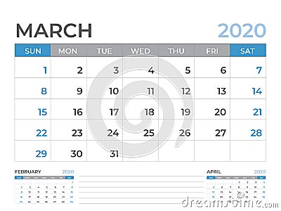 March 2020 Calendar template, Desk calendar layout Size 8 x 6 inch, planner design, week starts on sunday, stationery design Vector Illustration