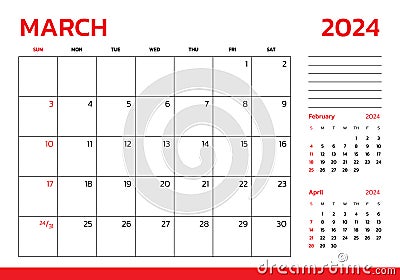 March 2024 Calendar. Week start on Sunday. Desk calendar 2024 design, simple and clean design, Wall calendar for print, digital Vector Illustration