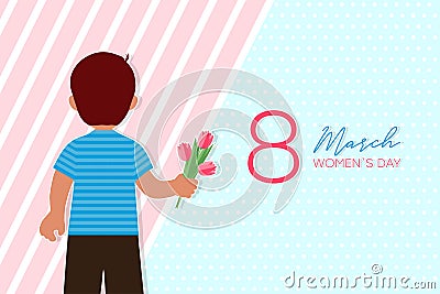 8 march card with boy who gives flowers. Child gives tulips on Women`s Day, back view. Vector Vector Illustration