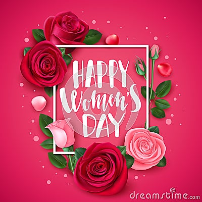 8 march card with rose. Congratulations international womens day floral greeting card, trendy frame flowers and petals Vector Illustration