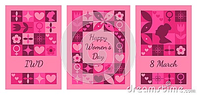 8 march cards. Set of modern geometric backgrounds for International womens day. Abstract neo geometric pattern. Template for Vector Illustration