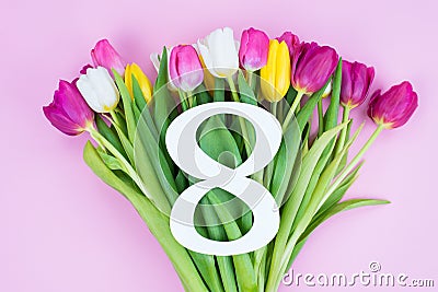 8 March congratulations concept. High angle above view photo of beautiful multicolored bouquet of different tulips with white Stock Photo