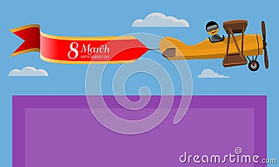 8 March. Creative Greeting card. Happy Women`s Day. Vintage plane flying on top of card. Vector illustration Vector Illustration