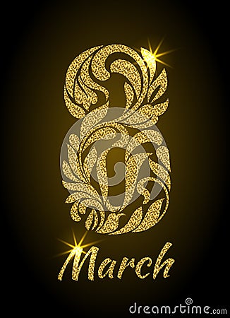 8 March. Decorative Font made of swirls and floral elements with Vector Illustration