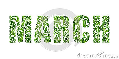 MARCH. Decorative Font with swirls and floral elements isolated Vector Illustration