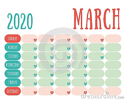 March 2020 diary. Calendar. Cute trend design. New year planner. English calender. Green and red color vector template. Notebook Vector Illustration