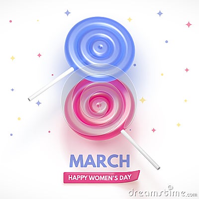 8 March flyer. International Women`s Day. Happy Mother`s Day. Blue and pink Lollipop form a figure of 8. Vector Illustration