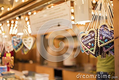 MARCH 25, 2016: Gingerbread hearts sold at traditional Easter markets on Old Towns Square in Prague, Czech republic Editorial Stock Photo