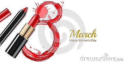 8 March greeting card, International Women`s Day. Red lipstick, pencil, watercolor number eight. Vector Illustration