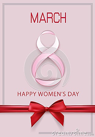 8 March greeting card with red bow ribbon for Happy International Women`s Day Vector Illustration