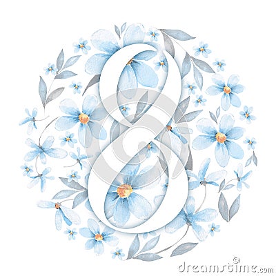 8 March greeting card template with number eight, blue flowers and leaves. Happy International Women's Day. Cartoon Illustration