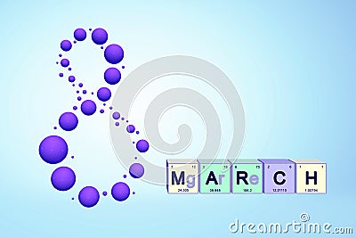 8 March greeting postcard scientific theme, chemistry. Decorative flying balls molecules, elements periodic table, 3d rendering. Stock Photo
