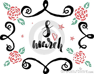 8 march hand drawn sketch with roses Vector Illustration