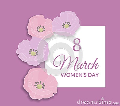 8 March Happy international womens day Greeting Card design. Pink text on white frame and lilac pink background with Vector Illustration