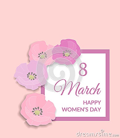 8 March Happy international womens day Greeting Card design. Pink text on white frame and pastel peach color background Vector Illustration