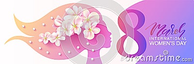 8 March Happy Women s Day banner. Beautiful Background with female silhouette ,flowers and beads.Vector illustration for Vector Illustration