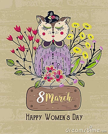 8 march. Happy Women`s Day. Colorful greeting background with cute cat in flowers. Spring holiday. Sketch of animal Vector Illustration