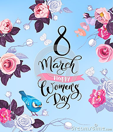 8 March. Happy Women`s Day greeting card. Lovely hand lettering surrounded by half-colored roses, butterflies and cute Vector Illustration