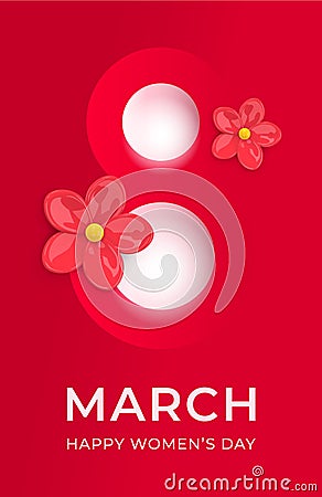 March 8 - Happy Women's Day. International Womens Day Greeting Card. Number 8 cut out of red paper on red with red flowers. Vector Illustration
