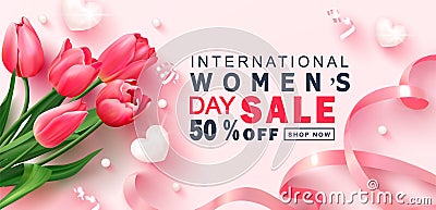 8 March Happy Women`s Day sale banner. Beautiful Background with tulips,hearts, serpentine, beads and ribbon. Vector Vector Illustration