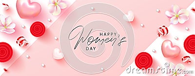 8 March Happy Womens Day banner. Beautiful Background with flowers, serpentine,hearts and gift boxes. Vector Vector Illustration
