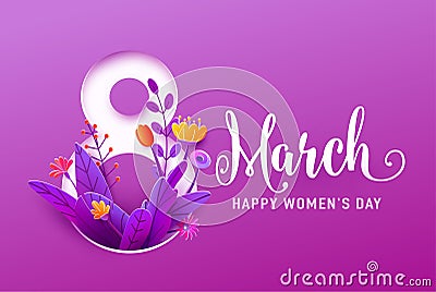 8 march, happy womens day greeting banner vector illustration in 3d paper cut style. Big number eight with spring Vector Illustration