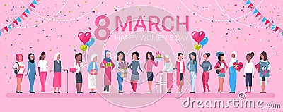 8 March Holiday Background With Happy Group Of Mix Race Woman And Decoration Horizontal Banner Vector Illustration