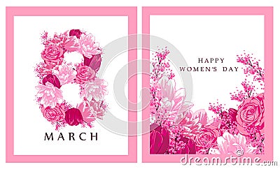 8 March holiday card with flowers and gift box. Roses and tulips bouquet. Botanical art composition. Vector Illustration