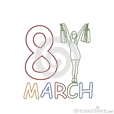 8 March Holiday Doodle Cheerful Silhouette Girl Shopping Bags Women Day Concept Vector Illustration