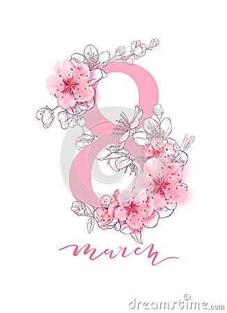 8 march illustration. Women s Day greeting card design with cherry blossoms. Vector Illustration