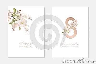8 March International Woman`s Day and Happy Mother`s Day Elegant Greeting Cards Set, Creative Design Composition Vector Illustration