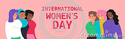 8 march, international women`s day concept with group of multicultural women, Vector Illustration