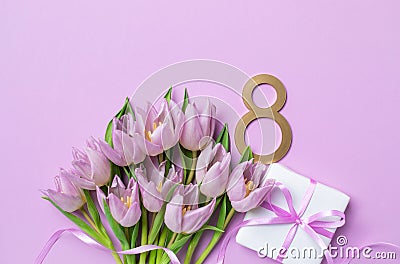 8 March. International Women's Day greeting card. Gift box and heap of fresh beautiful tulip flowers Stock Photo