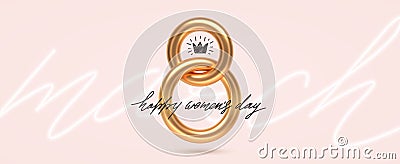 8 March - happy women`s day vector illustration. Realistic 3d gold metal number eight and hand drawn script greeting Vector Illustration