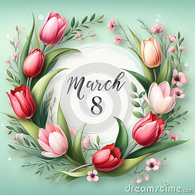 8 March International Womens Day Greeting Card with Tulips. Stock Photo