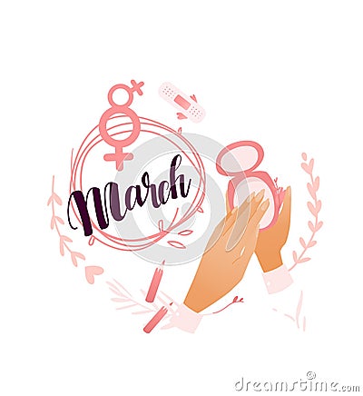 March lettering. Women resist symbol. Isolated background. pensil and female hands hold the powder box Vector Illustration