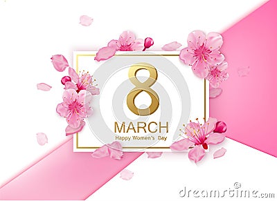 8 march modern background design with flowers. Happy women`s day stylish greeting card with cherry blossoms and petals. Vector Illustration