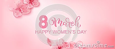 8 march modern background design with flowers. Happy women's day stylish greeting card with cherry blossoms. Vector Illustration