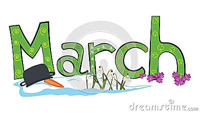 March month vector with spring flowers in melting snow Vector Illustration