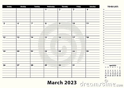 March 2023 Monthly Business Desk Pad Calendar Vector Illustration