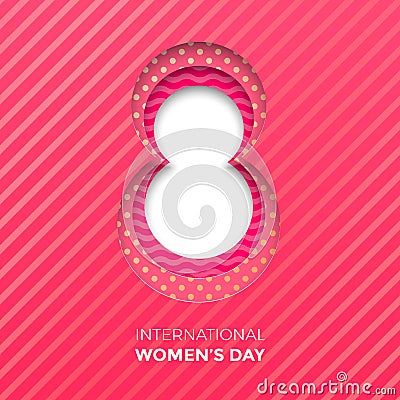 8 March papercut illustration for International Women`s Day card. Beautiful happy womens day paper cut out Vector Illustration
