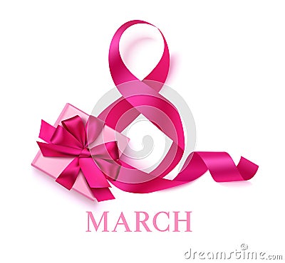 8 march with pink ribbon and decorative gift box with text. Vector illustration Vector Illustration