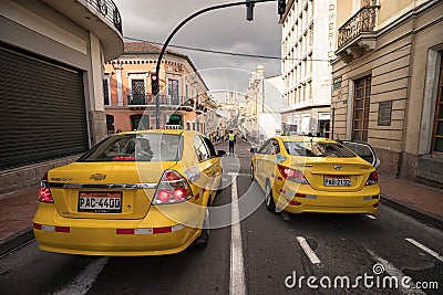 Yellow taxis waiting in Quito Ecuador Editorial Stock Photo