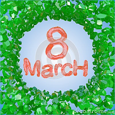 8 March red symbol flying in the space and round by frame made of green gems. Can be used as a decorative greeting grungy or postc Cartoon Illustration