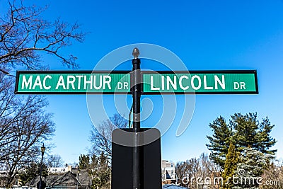 MARCH 26, 2018 - Road sign shows General Macarthur and President Lincoln Road Sign at President. Soldiers, white Editorial Stock Photo