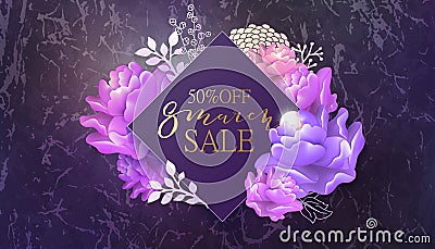 8 march sale banner with flower, marble . Vector Illustration