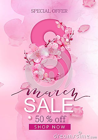 8 march sale banner with heart and sakura Vector Illustration