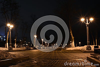 24 March 2016, Samara, Russia - river walk with illuminated lanterns at night Editorial Stock Photo