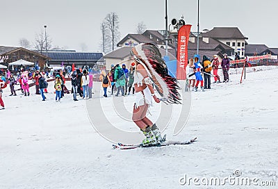 ROSA KHUTOR, SOCHI, RUSSIA-MARCH 30, 2018: Descent in carnival costumes. Editorial Stock Photo